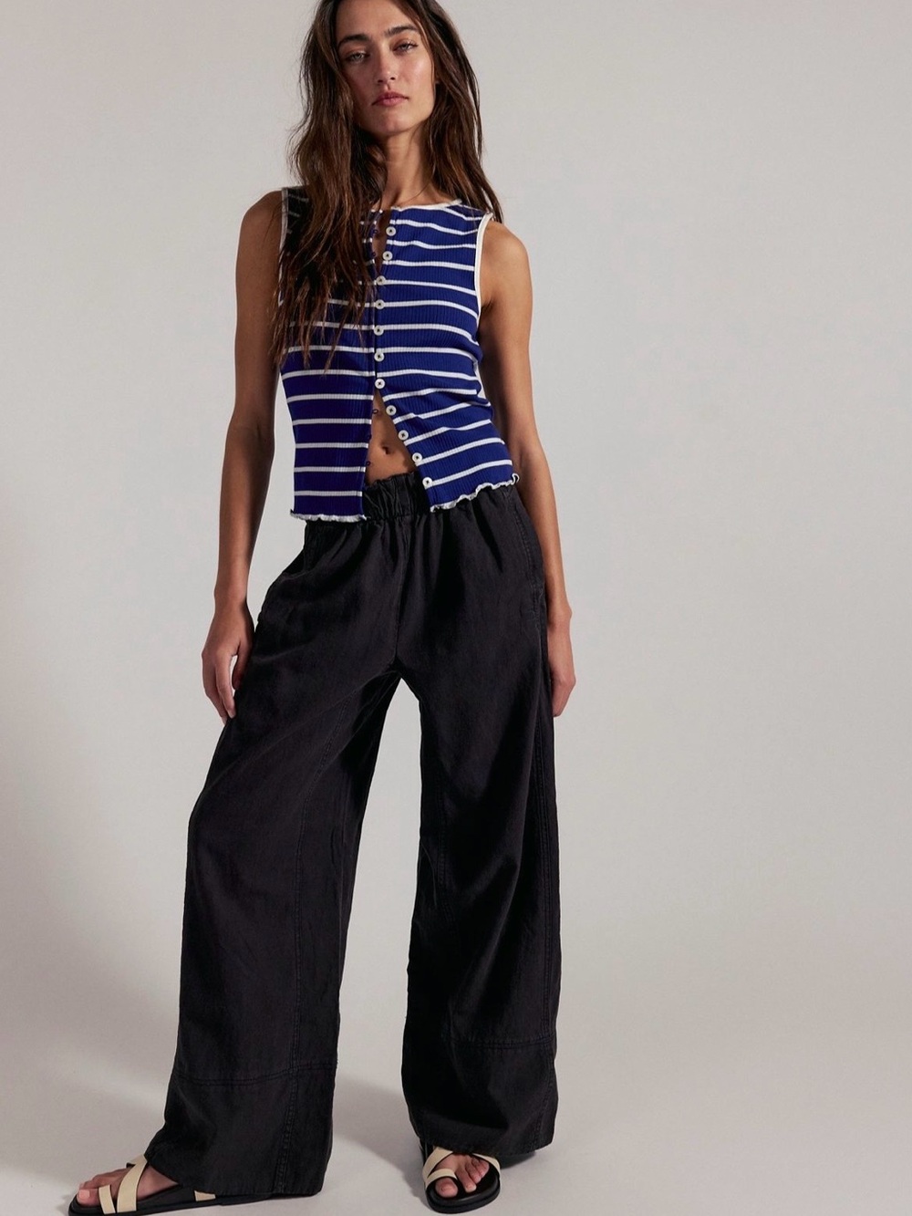 Free People Black Wide-Leg Elastic-Waist Pants
